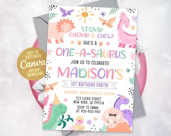Dinosaur Girl 1st Birthday Invitation, One-A-Saurus, Canva Template (Digital Download)