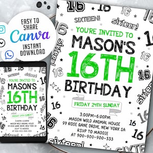 16Th Boy Birthday Invitation, Editable Template, 16Th Invitation, Canva 5x7 Template 4709
