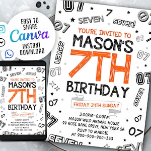 7Th Boy Birthday Invitation, Boy Birthday Invites, Instant Download Boy Number Invitations, WSNE01s