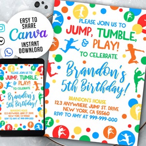 Gym Geburtstag Einladungen, Gymnastik Einladung, Junge Gym Party Einladung, Jump Einladung, Jump Tumble Play Invite, Canva Template NSW97