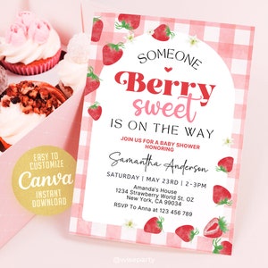 Berry Sweet Baby Shower Invitation, Berry Sweet Baby Shower Blush Berry, Berry Sweet Invitation, Strawberry Baby Shower, Canva WS0702