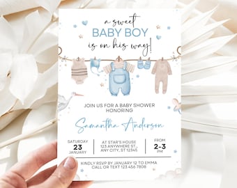 Boy Baby Shower Invitation, Laundry Line, Blue Greenery (Digital Template)