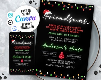 Puede incluir: Invitación a una fiesta de Navidad negra y verde con texto verde neón y rojo. La invitación dice "Friendsmas" e incluye detalles sobre la fiesta, como la fecha, la hora, la ubicación y la información de RSVP.