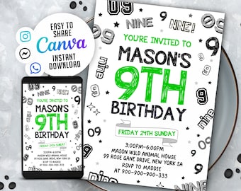 9th Birthday Invitation, Boy Number Theme (Digital Download)