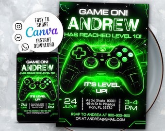 Invito di compleanno a tema videogiochi modificabile, modello per gamer boy (5x7 su Canva)