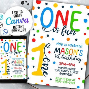 One is Fun 1st Birthday Invitation, Polka Dot 1st Birthday Invitation, Boy First Birthday Invitation, NSW1