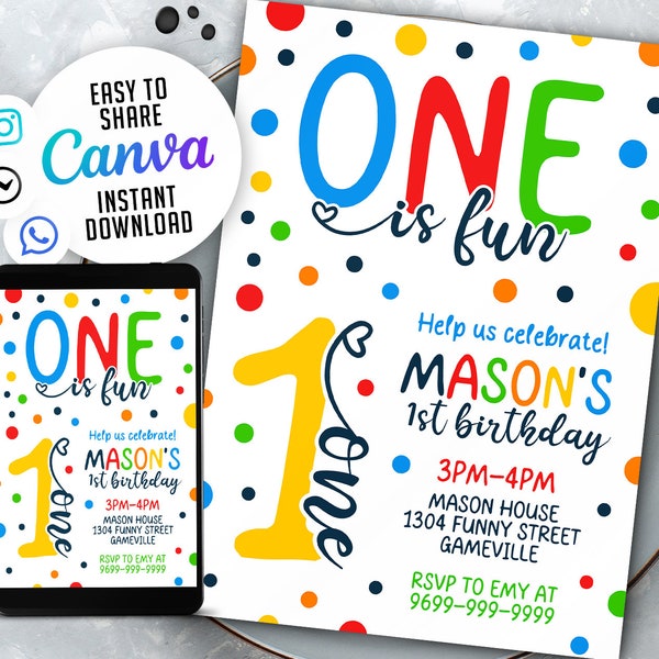 One is Fun 1st Birthday Invitation, Polka Dot 1st Birthday Invitation, Boy First Birthday Invitation, NSW1