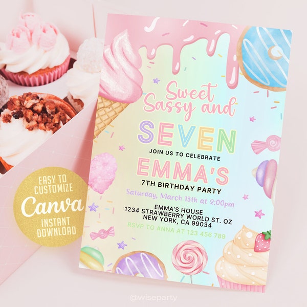 Candy Invitation, Candy Sweet Sassy and Seven girl birthday invitation, 7th girl birthday invitation, donut, 5x7 Editable Canva Template