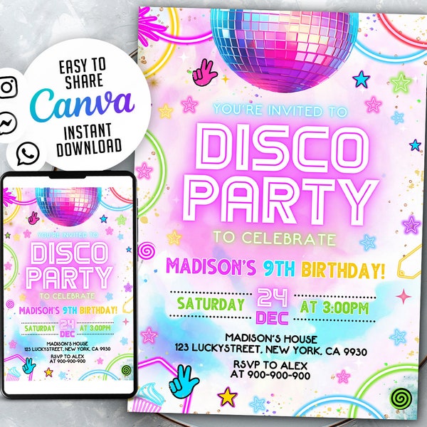 Disco Party Birthday Invitation, Tie Dye Disco Gender Neutral Invites, Dance Party Template, Neon Party Invitation, 5x7 Canva WS2401