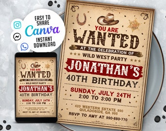 Editable Western Invitation, Cowboy Birthday Invitation, 5x7 Editable Canva Template