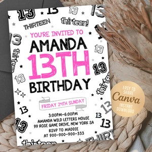 13Th Girl Birthday Invitation, Editable Template, 13 Bday Invites, 4209