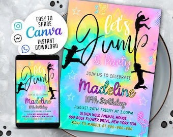 Editable Jump Birthday Party Invitation Tie Dye Jump Birthday Party Glow Jump Trampoline Party Let's Jump Party Instant NSW2