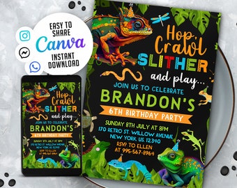 May include: A colorful invitation for a 6th birthday party with a jungle theme. The invitation features a chameleon, a snake, and a turtle. The text on the invitation reads "Hop, Crawl, Slither and play... Join us to celebrate Brandon's 6th Birthday Party. Sunday 8th July at 8pm, 170 Retro St. Willow Avenue, New York, US, 12340. RSVP to Ellen at 995-567-8964."