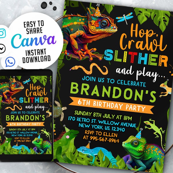 Reptil Geburtstagsparty Einladung, Printable und Evite Elektronische Invite, Reptile Invite, Canva 5x7 NSW115