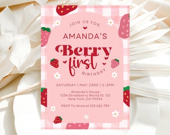 Berry First Birthday Invitation Template, Canva Editable (Digital Download)