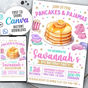 Pancakes and Pajamas Party Birthday Invitation Pancake Pajama Sleepover Party Invite Slumber Popcorn Pink, Canva WSN2401