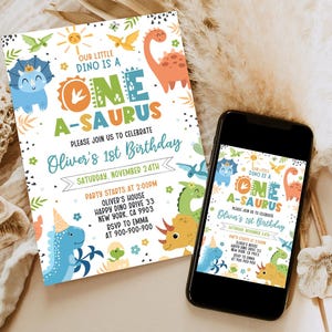 May include: Two printable invitations for a dinosaur themed first birthday party. The invitations are decorated with colorful dinosaurs, stars, and the text "Our little dino is a one-a-saurus". The text also includes the birthday boy's name, Oliver, and the date and time of the party.