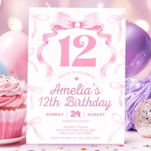 Coquette Pink 12th Birthday Invitation, Girl Pink Bow Invitation, 12th Birthday Invitation, Pink Birthday Invitations, Editable Canva WS251