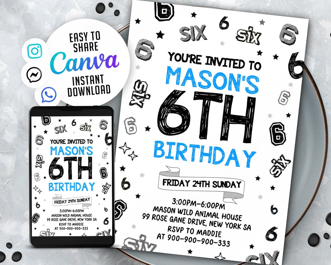 6th Boy Birthday Invitation, Boy Birthday Invites, Instant Download Boy