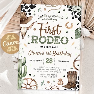 First Rodeo Invitation Template, Wild West Birthday Invite, Boy Cowboy Birthday Invitation, My 1st Rodeo Invitation, 5x7 Canva WS240802