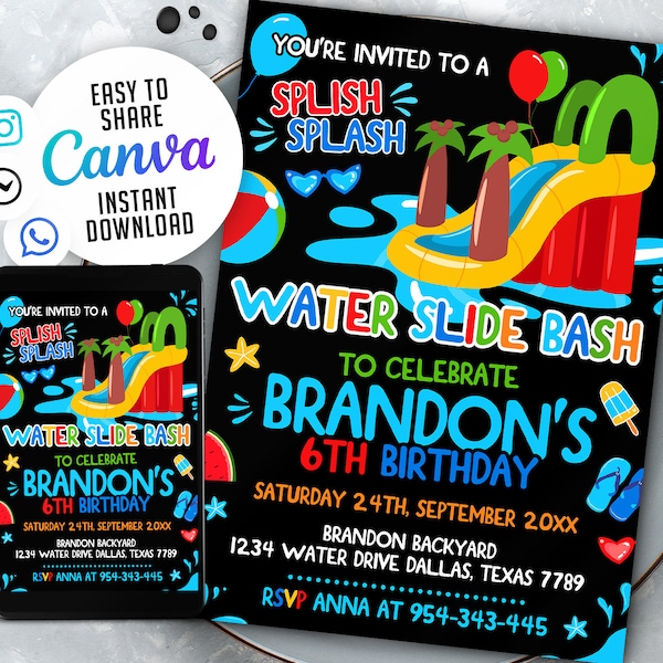 Editable Water Slide Birthday Splash Party Invitation, Boy, Girl, Slide Invitation, Water Slide Invite, NSW70