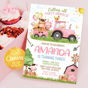 May include: A pink and blue birthday invitation featuring a cartoon farm scene. The invitation reads "Calling all PARTY ANIMALS!" and "Join us to celebrate AMANDA is turning THREE!" The invitation includes the date, time, and location of the party.