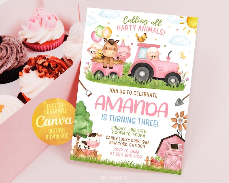May include: A pink and blue birthday invitation featuring a cartoon farm scene. The invitation reads "Calling all PARTY ANIMALS!" and "Join us to celebrate AMANDA is turning THREE!" The invitation includes the date, time, and location of the party.