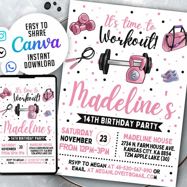 Fitness Girl Invitation, Gym Girl Birthday Invitation,  5x7 Editable Canva Template