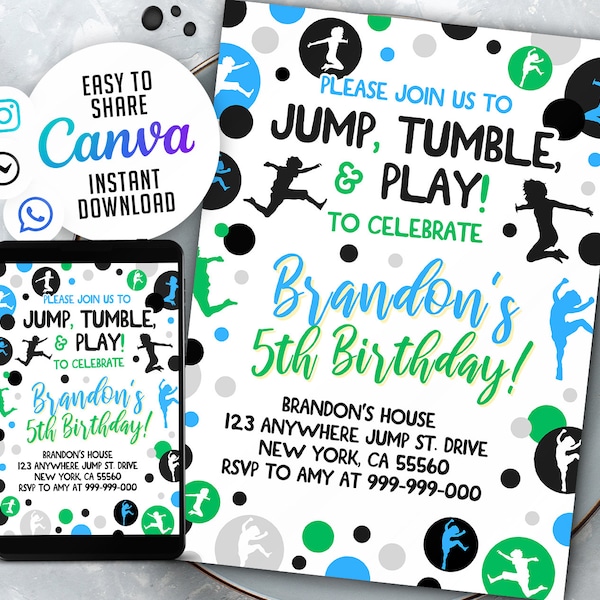 Gymnastics Birthday Invitation, Jump Tumble Play, Canva Template (Digital)