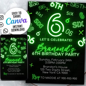 Invitation au 6ème anniversaire au néon, invitation d’anniversaire de garçon, modèle Canva modifiable 5x7