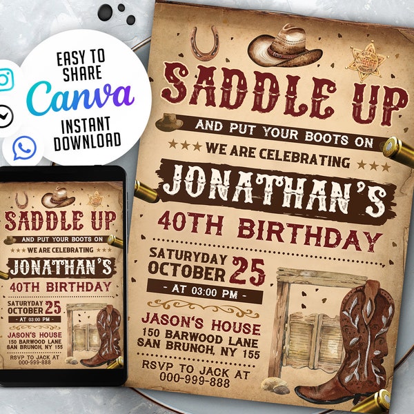 Editable Saddle Up! Western Invitation, Cowboy Birthday Invitation, 5x7 Editable Canva Template