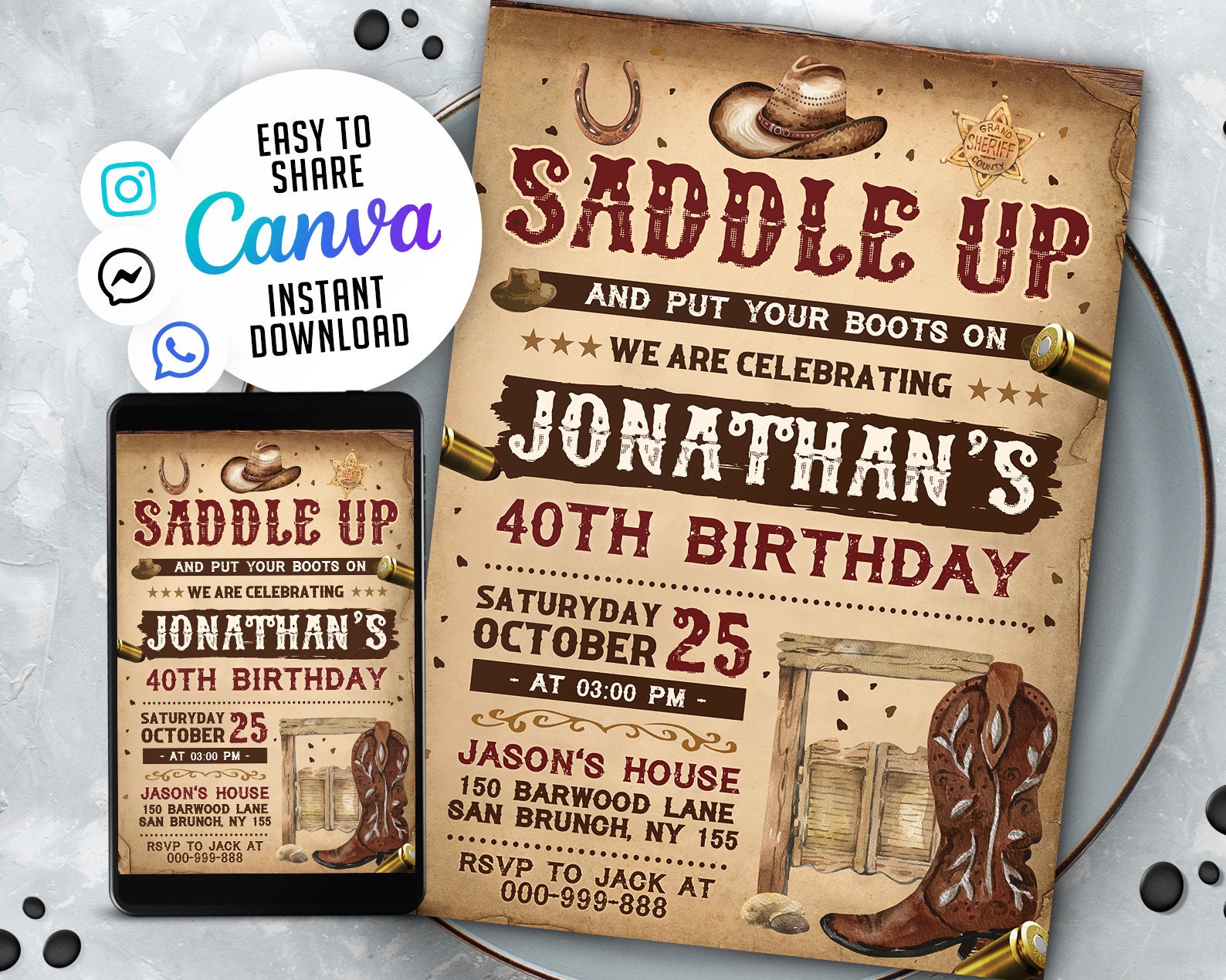 Editable Saddle Up! Western Invitation, Cowboy Birthday Invitation, 5x7  Editable Canva Template - Etsy, image size:1588x1270