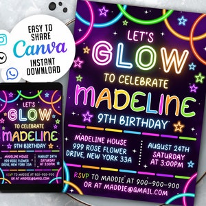 Glow Party Birthday Invitation, Glow Invitation, Girl, Boy, Neon Party Invite, Neon Lights, Glow Party Template, Editable Canva, NSW1