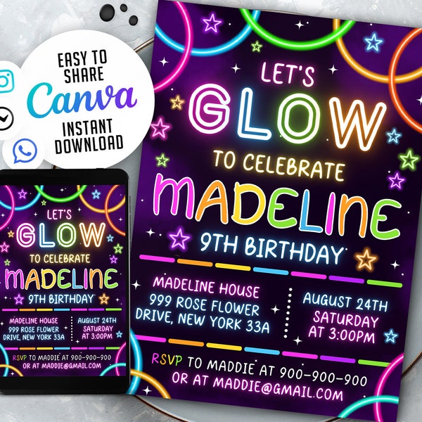 Glow Party Birthday Invitation, Glow Invitation, Girl, Boy, Neon Party Invite, Neon Lights, Glow Party Template, Editable Canva, NSW1