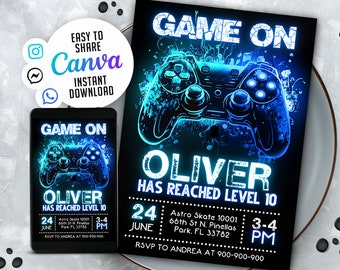 Editable Video Game Party Invitation, Level Up Birthday Invite, Gamer Boy Template, Arcade Party, 5x7 Canva WS2401