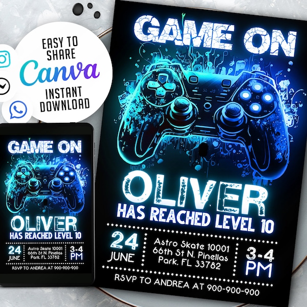 Invitación editable a fiesta de videojuegos, invitación de cumpleaños para subir de nivel, plantilla de Gamer Boy, fiesta arcade, 5x7 Canva WS2401