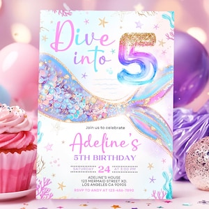 Dive into Five Mermaid Purple Teal 5th Mermaid Birthday Invitation, Little Mermaid Invite Editable  Canva 2501