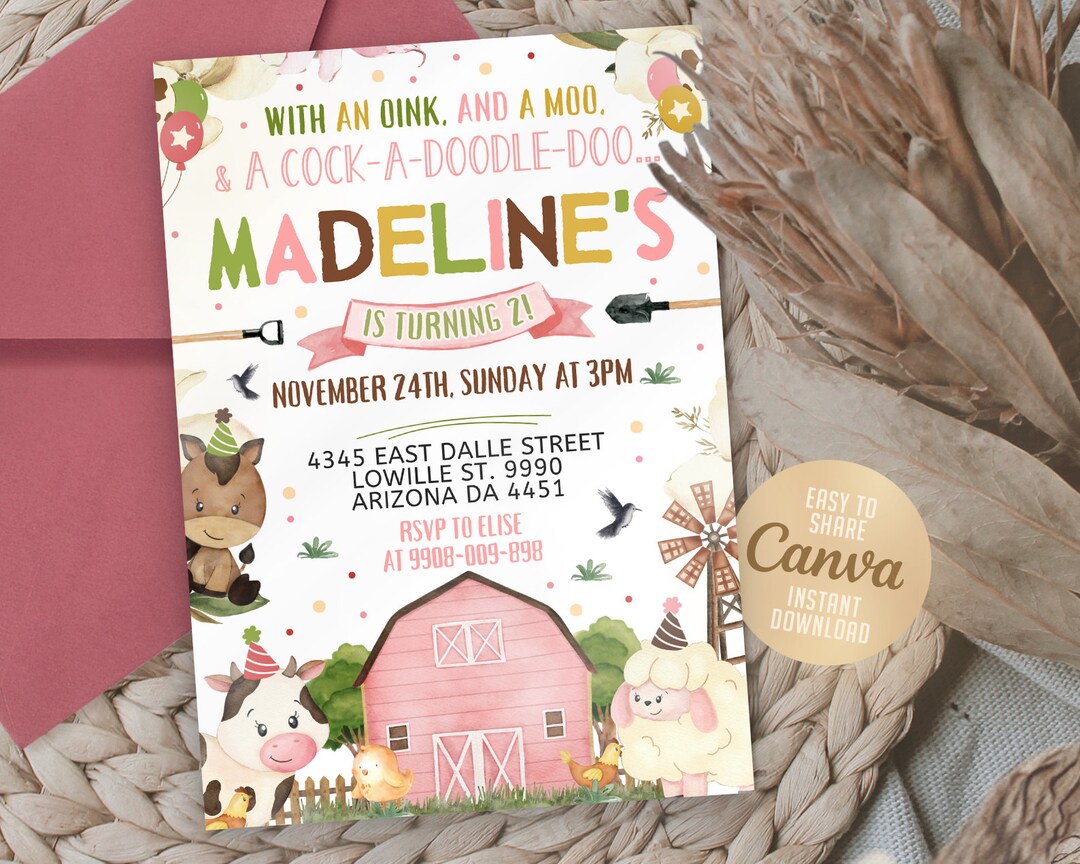 Editable Farm Birthday Invitation Girl Farm Animals Girls - Etsy