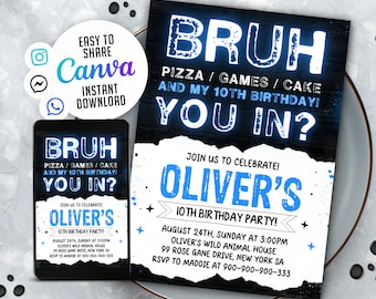 Bruh Neon Birthday Invitation, Boy Birthday Invitation, Teenager Birthday, Bruh It's My Birthday Invite, Canva WS2402