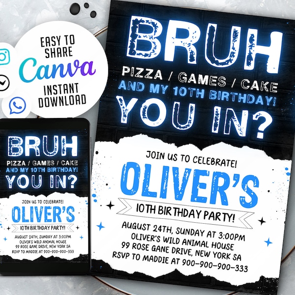 Bruh Neon Birthday Invitation, Boy Birthday Invitation, Teenager Birthday, Bruh It's My Birthday Invite, Canva WS2402