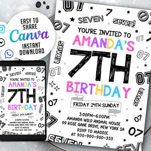 7th Girl Birthday Invitation, Girl Birthday Invites, 7Th Invitation, Girl Number Invitations, WSNE01