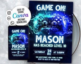 Invitation à une fête de jeu vidéo modifiable, invitation d’anniversaire de niveau supérieur, modèle Gamer Boy, Arcade Party, 5x7 Canva WS2403n