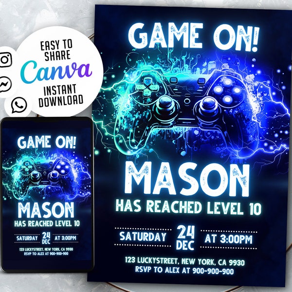 Editable Video Game Party Invitation, Level Up Birthday Invite, Gamer Boy Template, Arcade Party, 5x7 Canva WS2403n