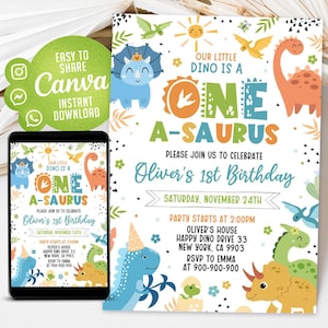Dinosaur 1st Birthday Invitation, Dinosaur Invitation, One-A-Saurus Invitation, Boy 1st Birthday Invitation, Editable Canva Template 2501