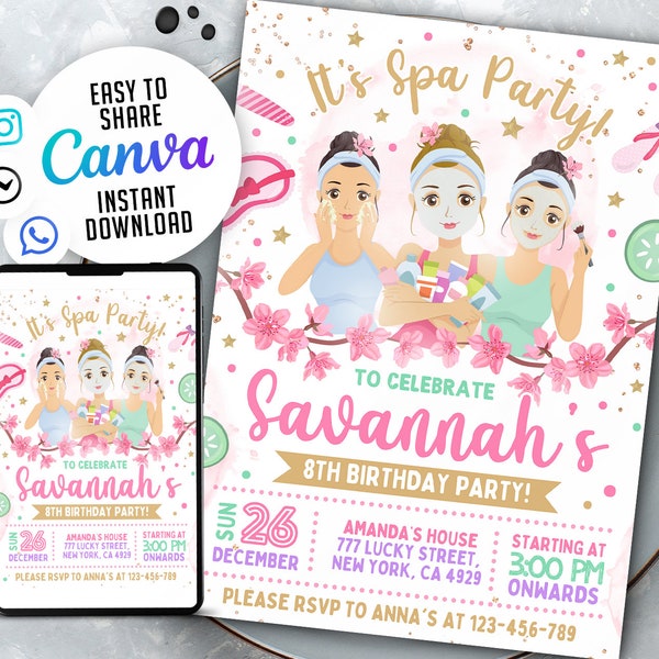 EDITABLE Spa Party Invitation, Pamper Party Invite Template, Tween Manicure & Pedicures Birthday, 5x7 Canva, WS2401