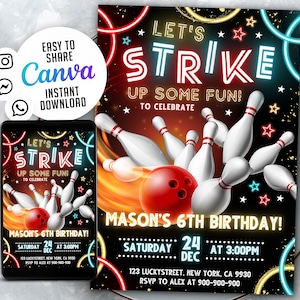 EDITABLE Bowling Party Invitation, Editable Bowling Birthday Invitation, Kids Bowling Invitation, Let&#39;s Strike Up Some Fun, 5x7 Canva WS03M