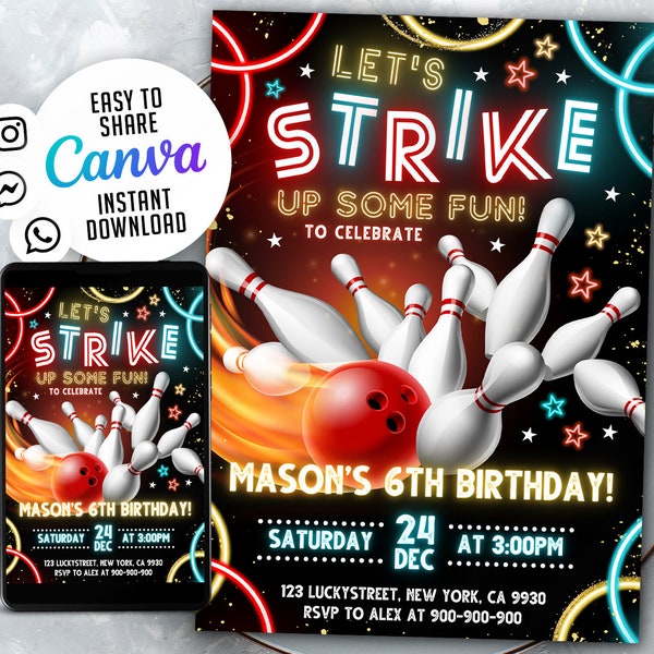 EDITABLE Bowling Party Invitation, Editable Bowling Birthday Invitation, Kids Bowling Invitation, Let's Strike Up Some Fun, 5x7 Canva WS03M