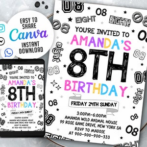 8th Girl Birthday Invitation, Girl Birthday Invites, 8Th Invitation, Girl Number Invitations, WSNE01