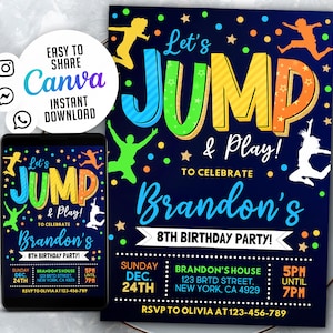 Editable Jump Birthday Party Invitation Tie Dye Jump Birthday Party Glow Jump Trampoline Party Let&#39;s Jump Party Instant WS240205
