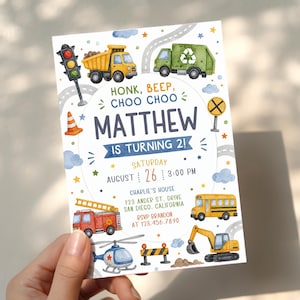 Invito di compleanno a tema trasporti, invito di compleanno per bambino, clacson, bip, ciuf ciuf, invito di compleanno con camion e auto, invito di compleanno per bambino